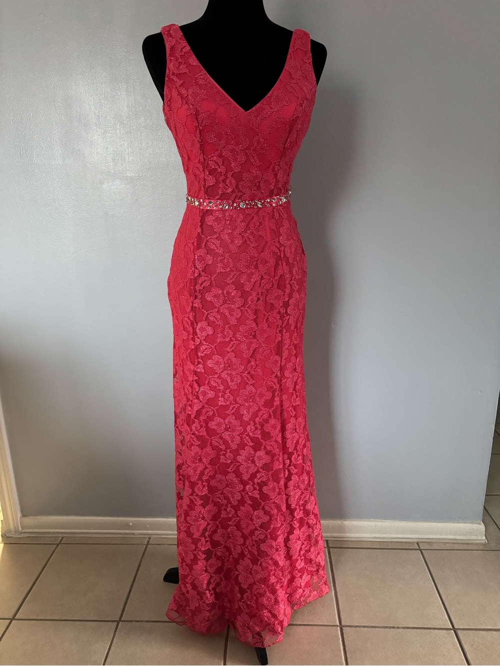 B Darlin Hot Pink Lace V-Neck Maxi Gown with Jeweled Waist